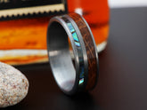The Marksman | Mens Wedding Band Made Of Tungsten, Bourbon Barrel Wood and Abalone Seashell
